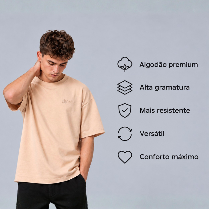 Kit 3 Camisetas Oversized Cristãs ESSENCE Tecido Suedine Egípcio Premium 240g Alta Gramatura Encorpada Malha Dupla Estruturada Gola Canelada Reforçada Toque Macio Conforto Superior Casual, Qualidade Peruana Liso Minimalista